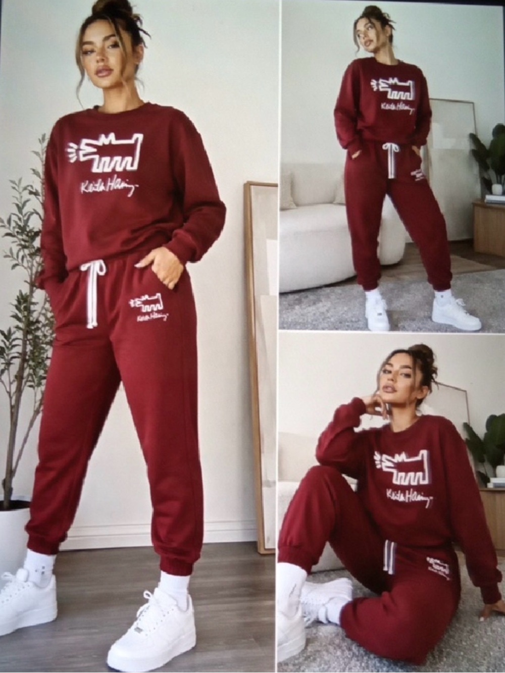 Keith Haring Burgundy Graphic Sweatshirt Jogger 2 Piece Set XXL